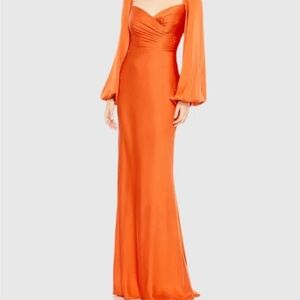 Mac Duggal orange charmeuse gown with bishop sleeves